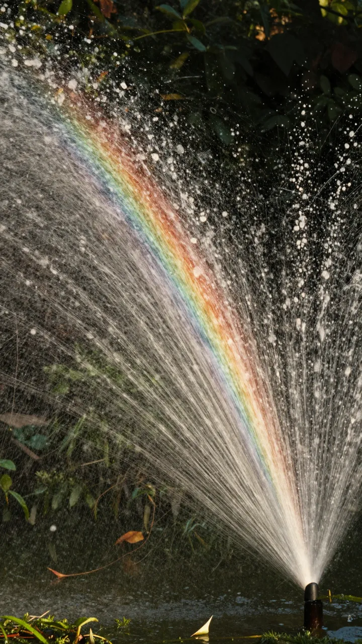 A fine arc of garden sprinkler spray displays a shimmering rainbow against dark garden foliage in warm sunset light