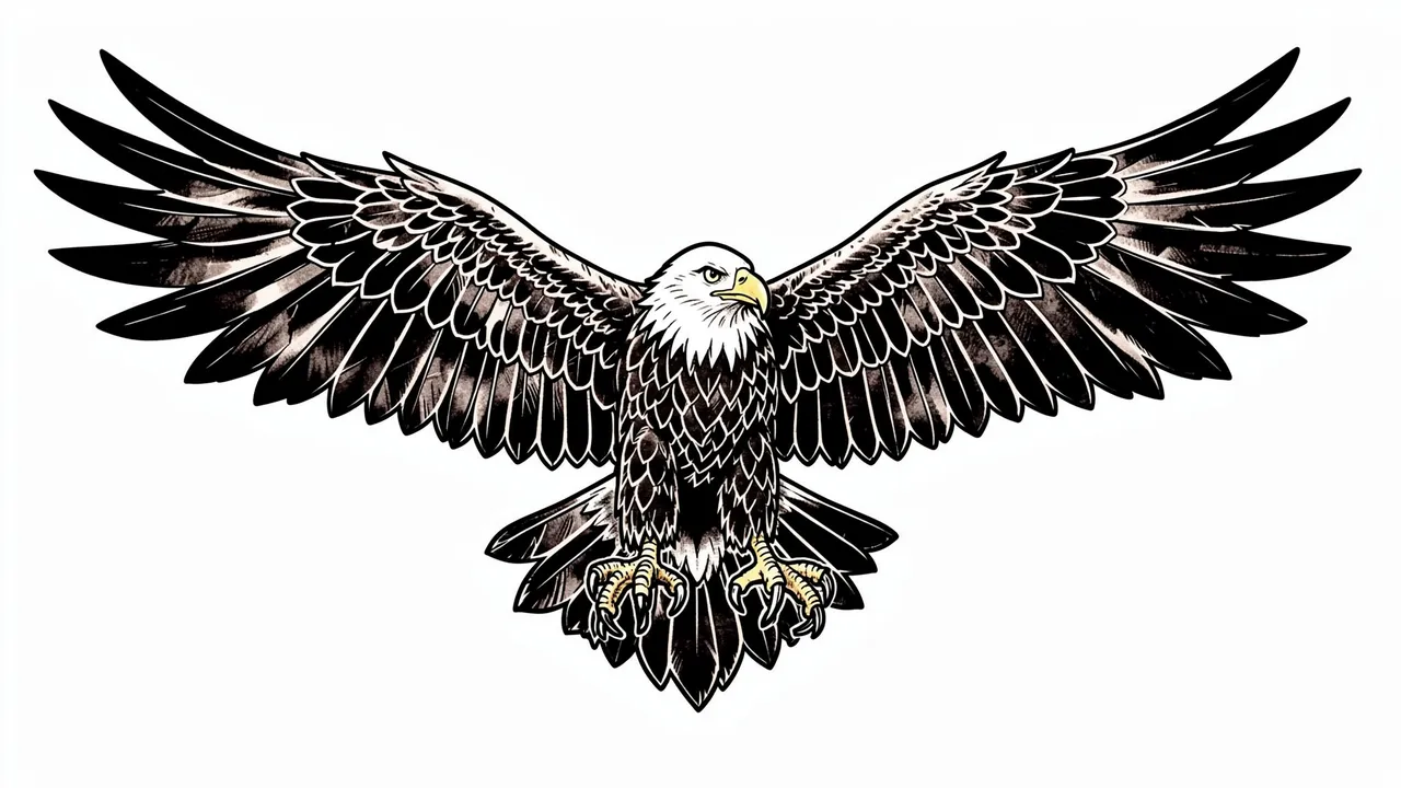 Bold line art bald eagle tattoo design with fully spread wings on a plain white background