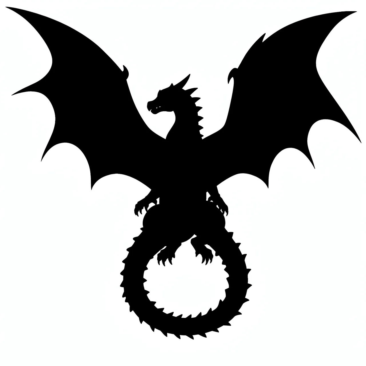 Solid black dragon silhouette with spread leathery wings and spiked tail on a plain white background