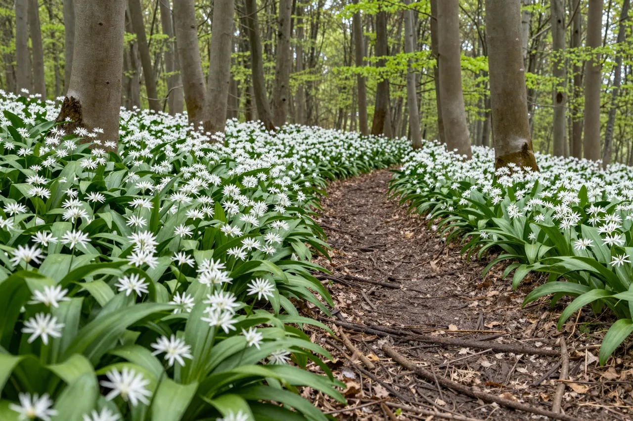 A dirt trail winds through an early spring beech forest lined with carpets of white wild garlic flowers and fresh green