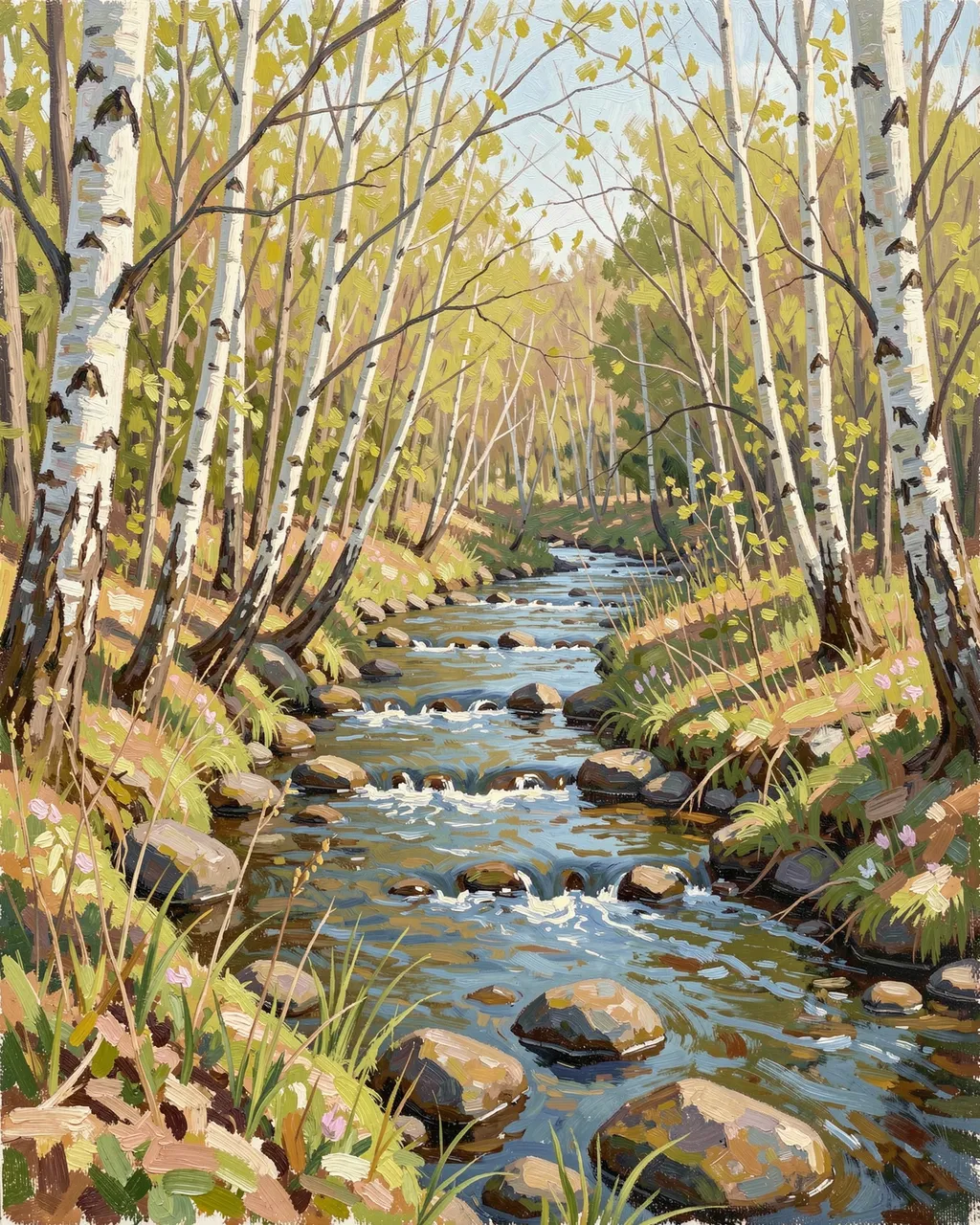 Plein air oil painting of a rocky creek winding through a sunlit spring birch woodland.