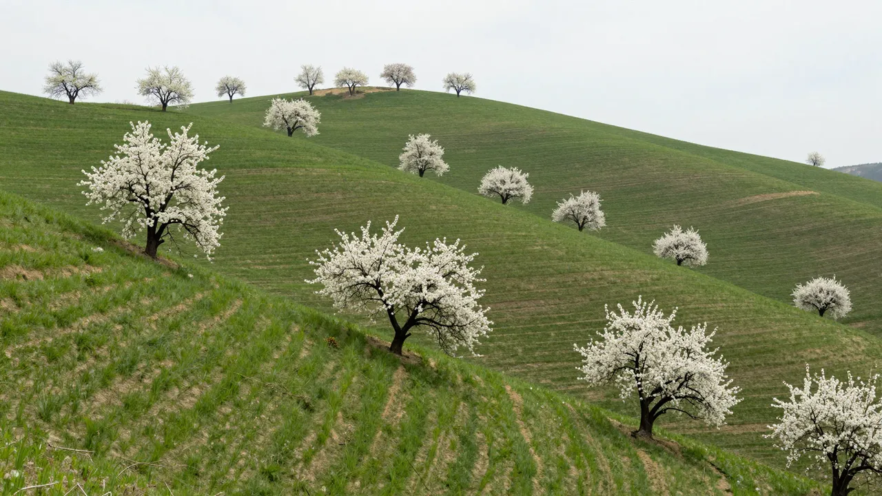 Rolling green spring hills dotted with scattered trees covered in white spring blossoms