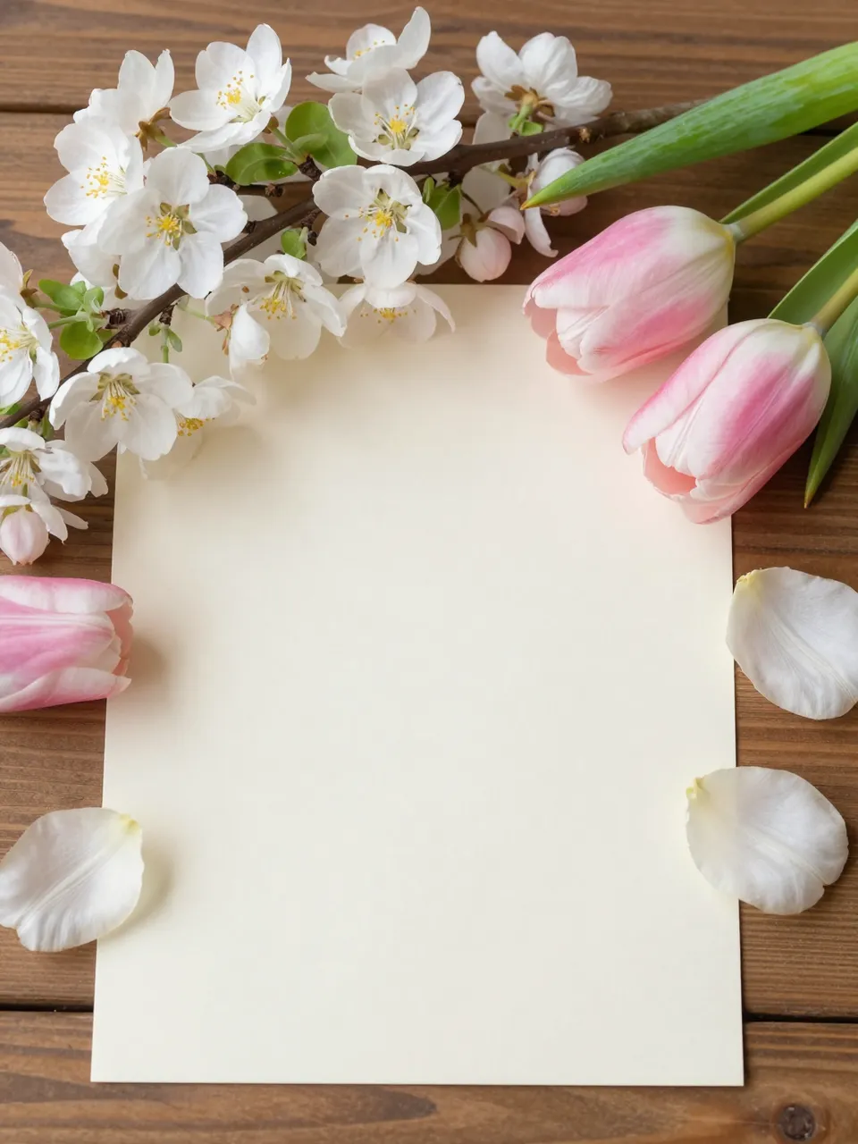 Overhead view of blank cream paper framed by spring blossoms and tulips on a wooden table