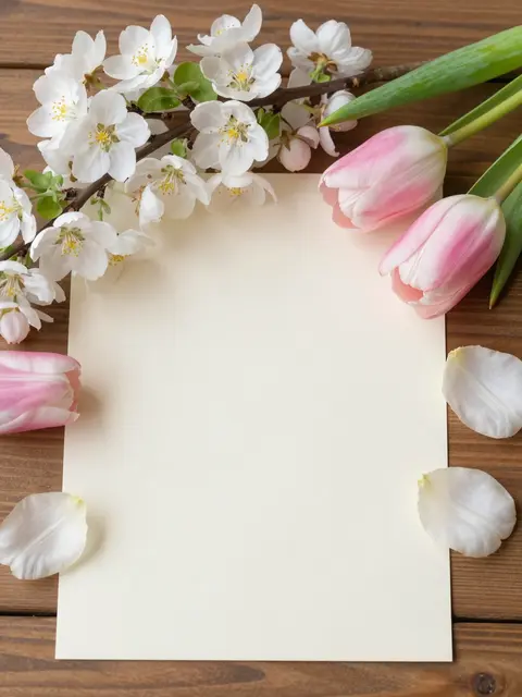 Overhead view of blank cream paper framed by spring blossoms and tulips on a wooden table