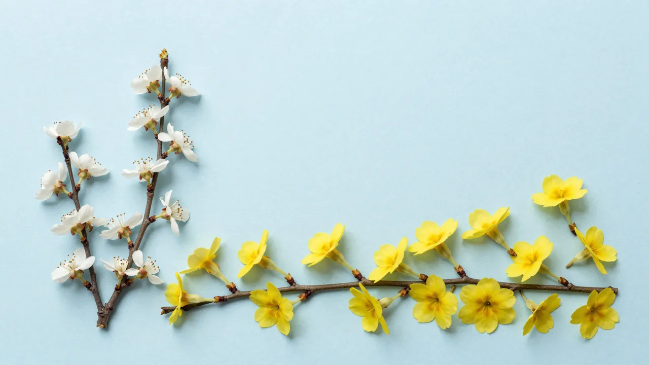 Overhead flat lay of white and yellow spring blossom branches arranged on pale blue paper with empty copy space