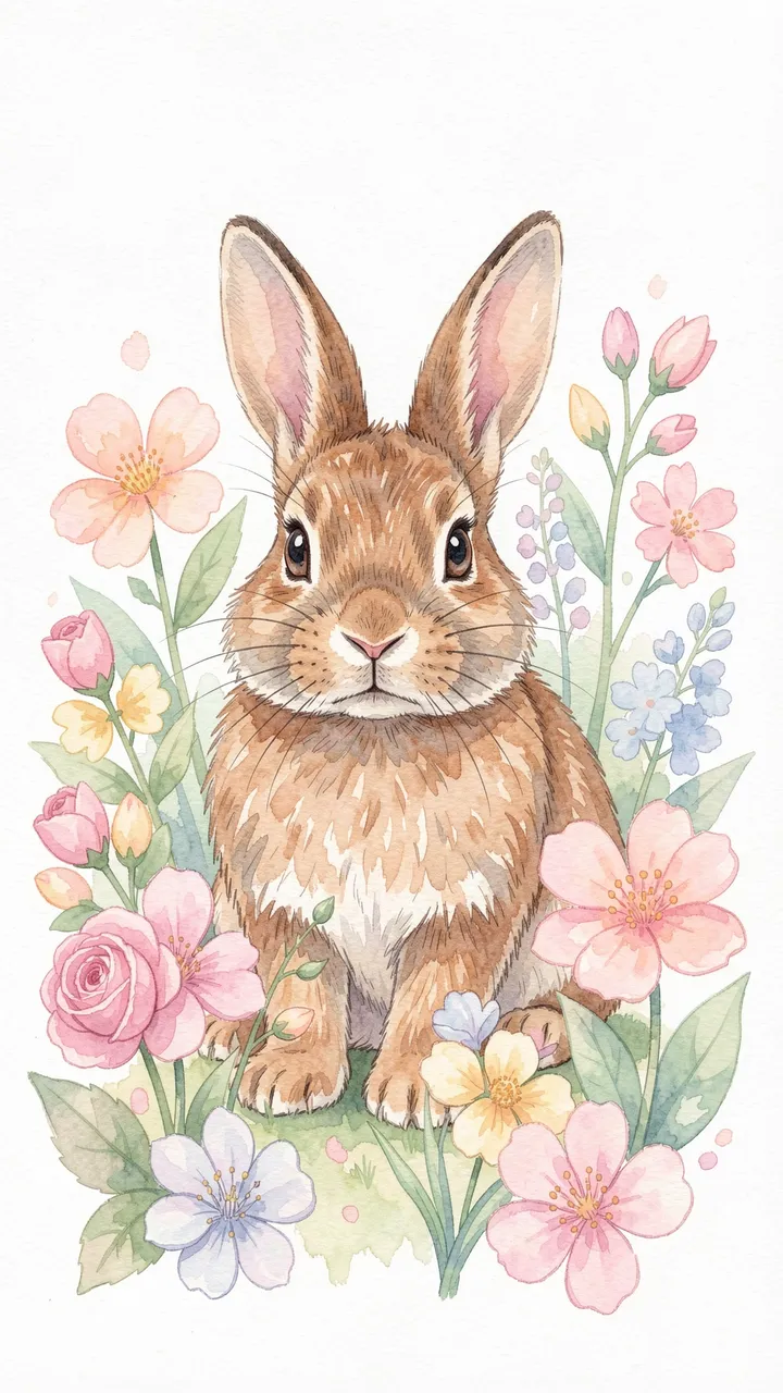 A soft watercolor brown bunny sits surrounded by delicate pastel spring flowers against a light background.