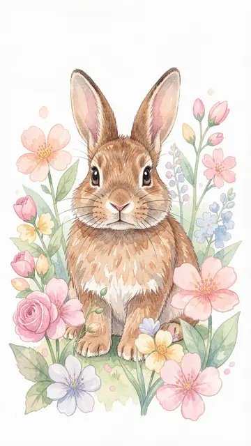 A soft watercolor brown bunny sits surrounded by delicate pastel spring flowers against a light background.