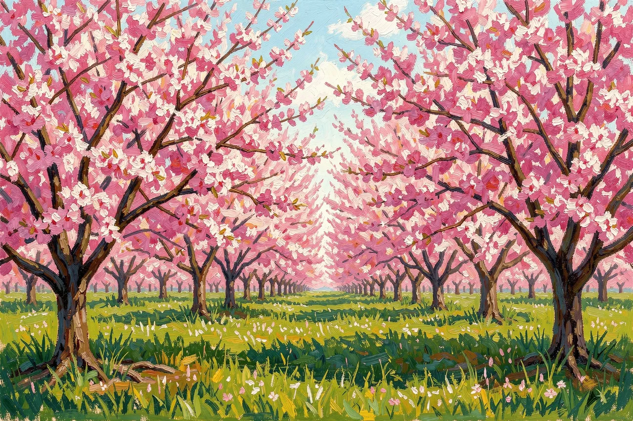 Impressionist oil painting of a blooming spring cherry orchard with pink blossom canopies over sunlit green grass