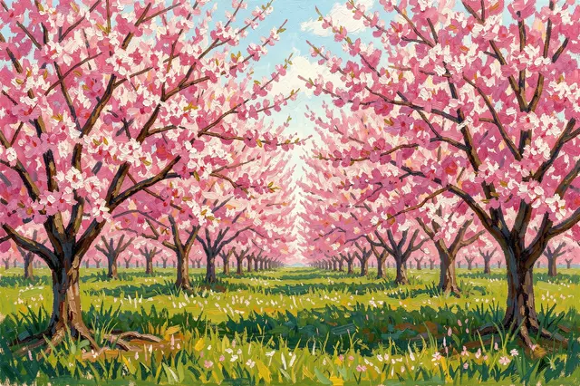 Impressionist oil painting of a blooming spring cherry orchard with pink blossom canopies over sunlit green grass