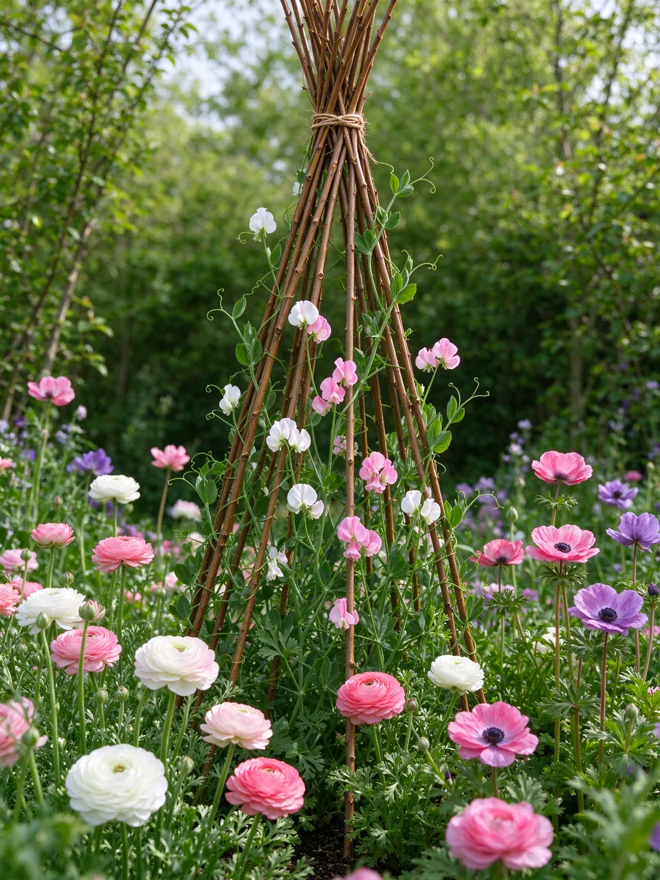 Sweet peas climb a willow tepee trellis surrounded by ranunculus and anemones in soft spring light