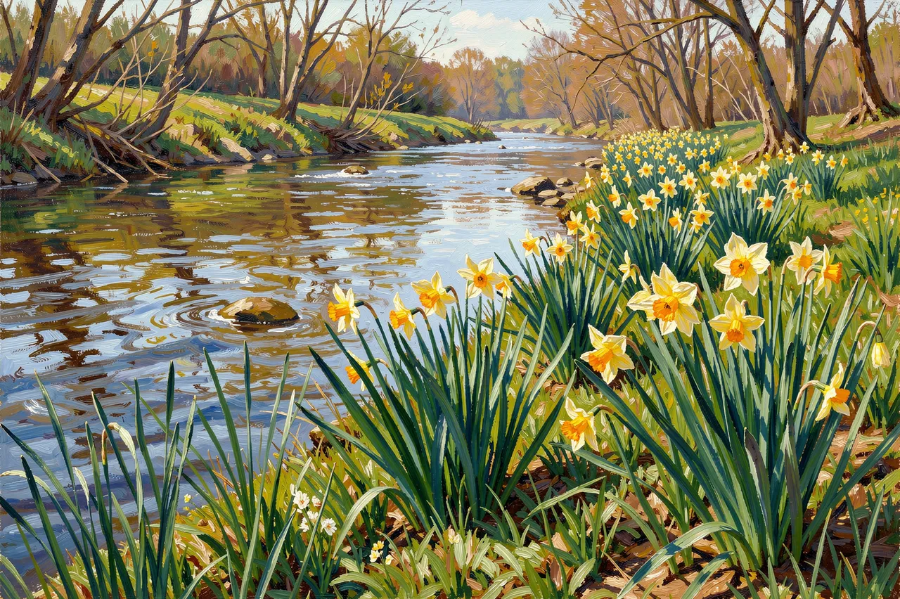 Impressionist oil painting of blooming yellow daffodils lining a calm grassy spring riverbank