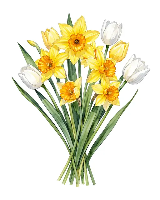 Watercolor illustration of a spring bouquet of yellow daffodils and white tulips on a plain white background
