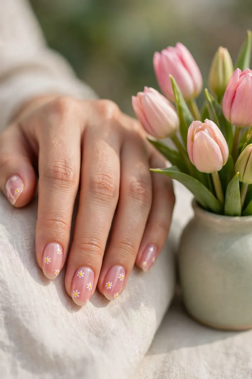 A hand with sheer pink daisy nail art rests next to a small vase of pink tulips