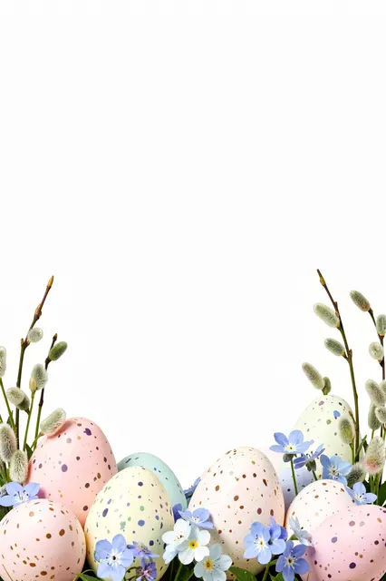 Bottom border of pastel speckled Easter eggs, forget-me-nots and willow catkins with blank white copy space above