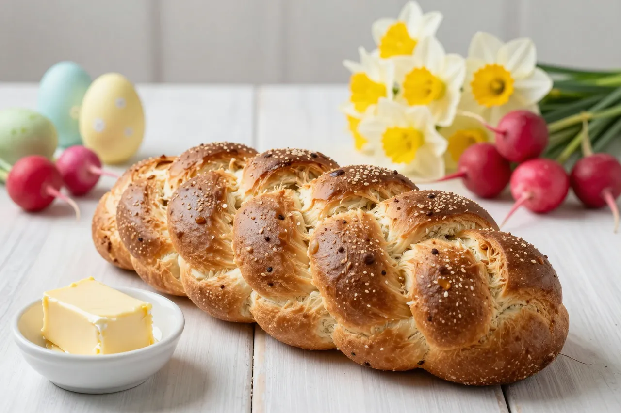 Braided Easter bread, butter, radishes, daffodils and pastel eggs arranged on a white wooden table