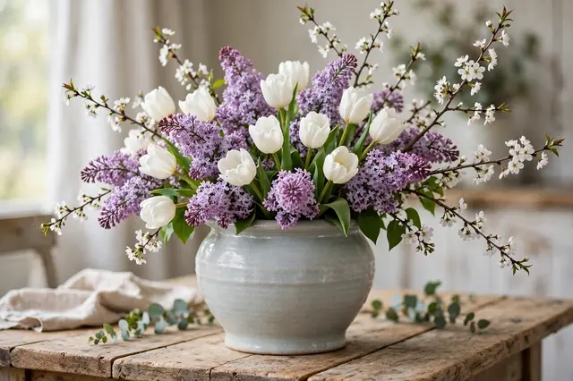 A spring arrangement of lilac, white tulips and blossom branches sits in a ceramic urn on a rustic farmhouse table