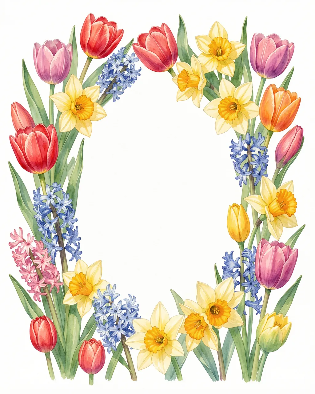 A delicate watercolor wreath frame of tulips, daffodils and hyacinths surrounds an empty soft white center