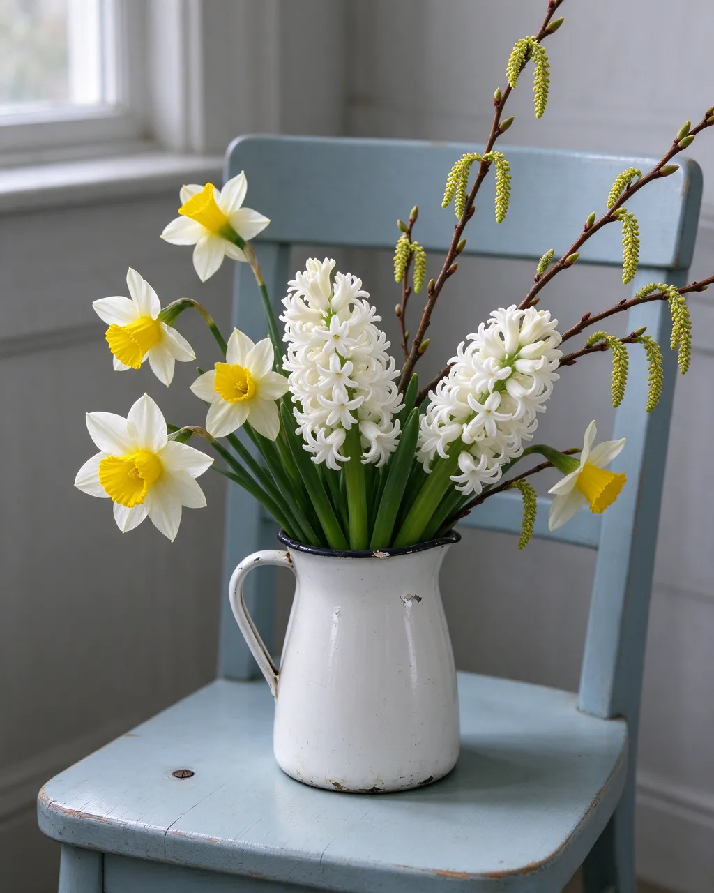 Daffodils, white hyacinths and catkin branches sit in a white enamel jug on a pale blue wooden chair by a window.