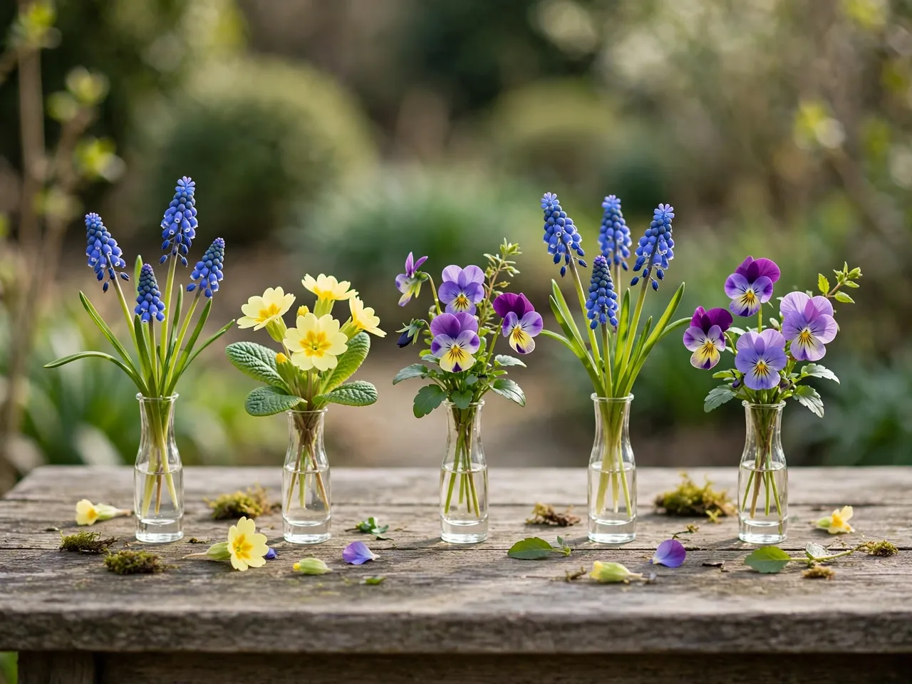 Tiny glass bud vases holding muscari, primroses and violas line a weathered wooden garden table with a blurred green
