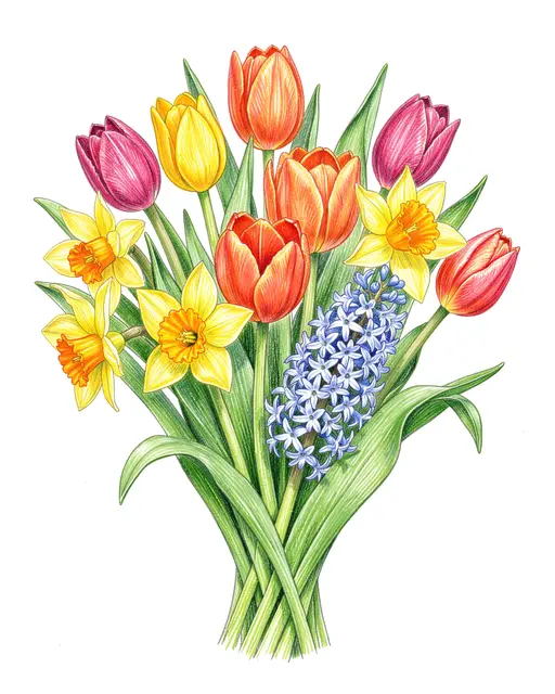 Colored pencil illustration of a spring bouquet of tulips, daffodils and hyacinths on a plain white background