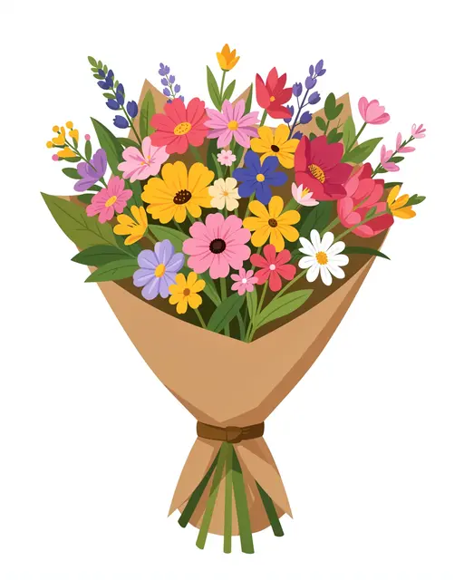 Flat clipart illustration of a mixed spring flower bouquet wrapped in brown paper on a plain white background