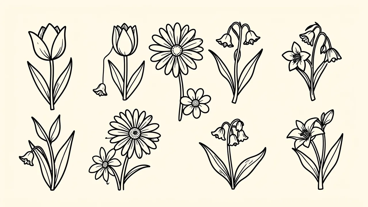 Loose black line doodle illustrations of tulips, daisies and lily of the valley arranged on a cream background
