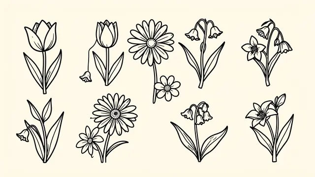 Loose black line doodle illustrations of tulips, daisies and lily of the valley arranged on a cream background