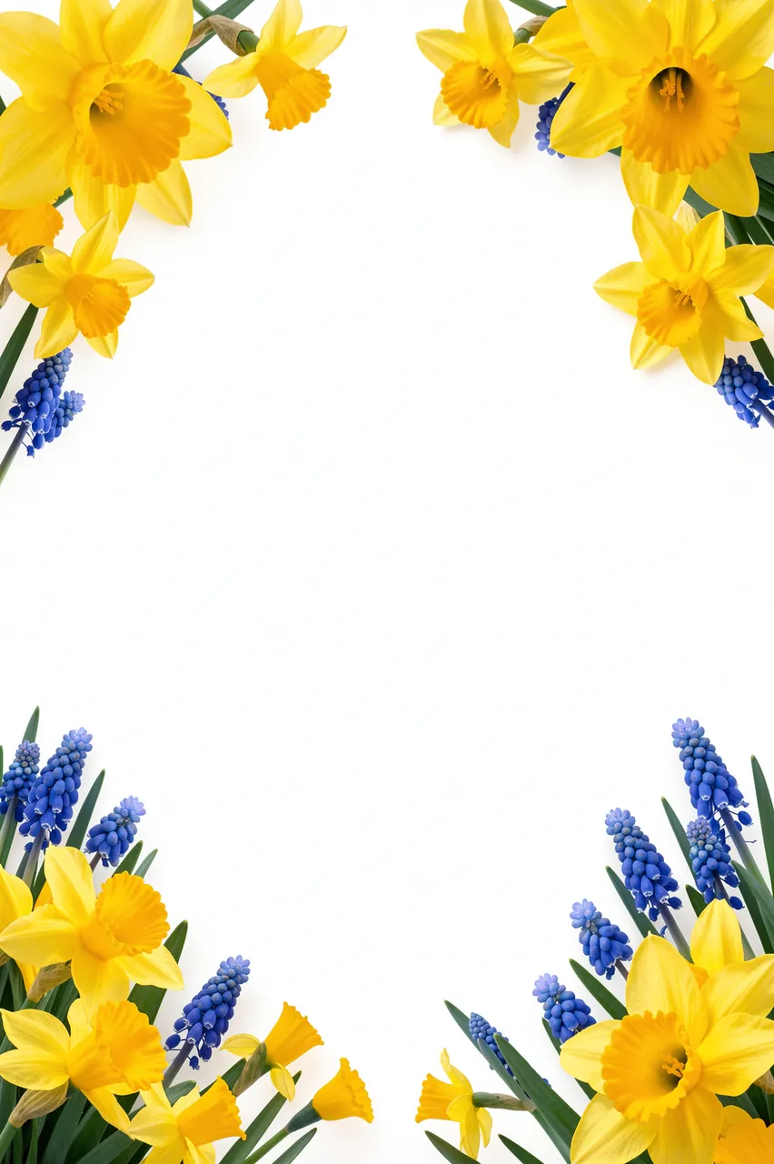 Yellow daffodils and blue grape hyacinths frame the empty center of a plain white background