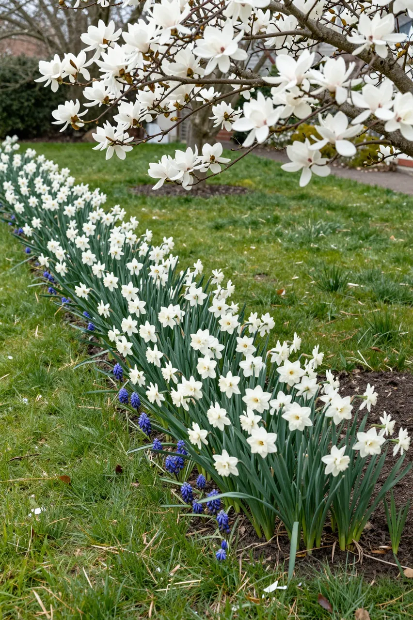 Blooming white magnolia, daffodils and blue muscari grow on a sloping spring lawn