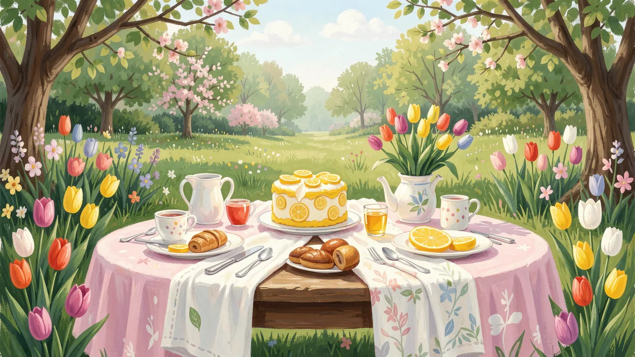 A gouache illustration of a set Easter brunch table with lemon cake and tulips in a blooming spring garden