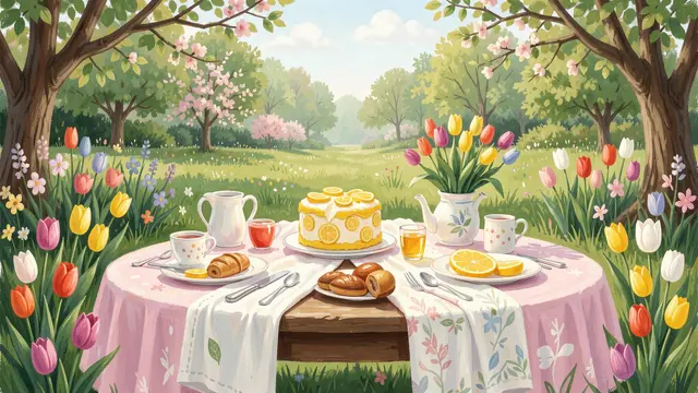 A gouache illustration of a set Easter brunch table with lemon cake and tulips in a blooming spring garden