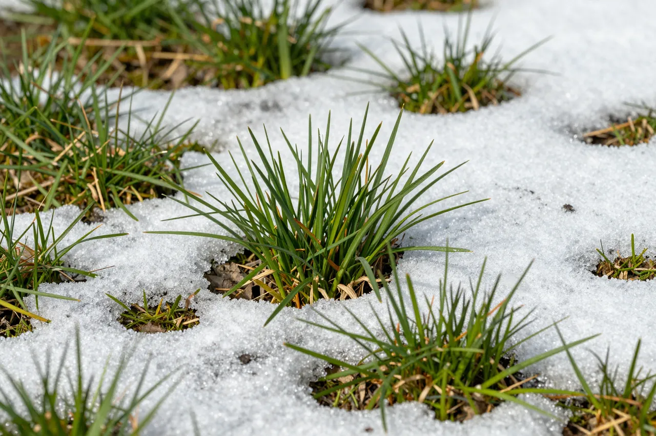 Green grass tufts emerge through patches of melting remaining late winter snow