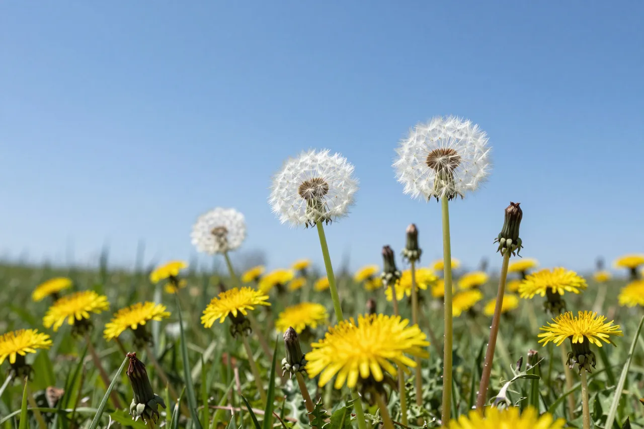 Yellow blooming and fluffy seed head dandelions grow in a sunlit meadow beneath a clear bright blue sky