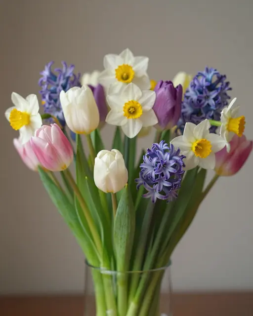 Arrangement of tulips, daffodils and hyacinths in a clear glass vase against a neutral soft background