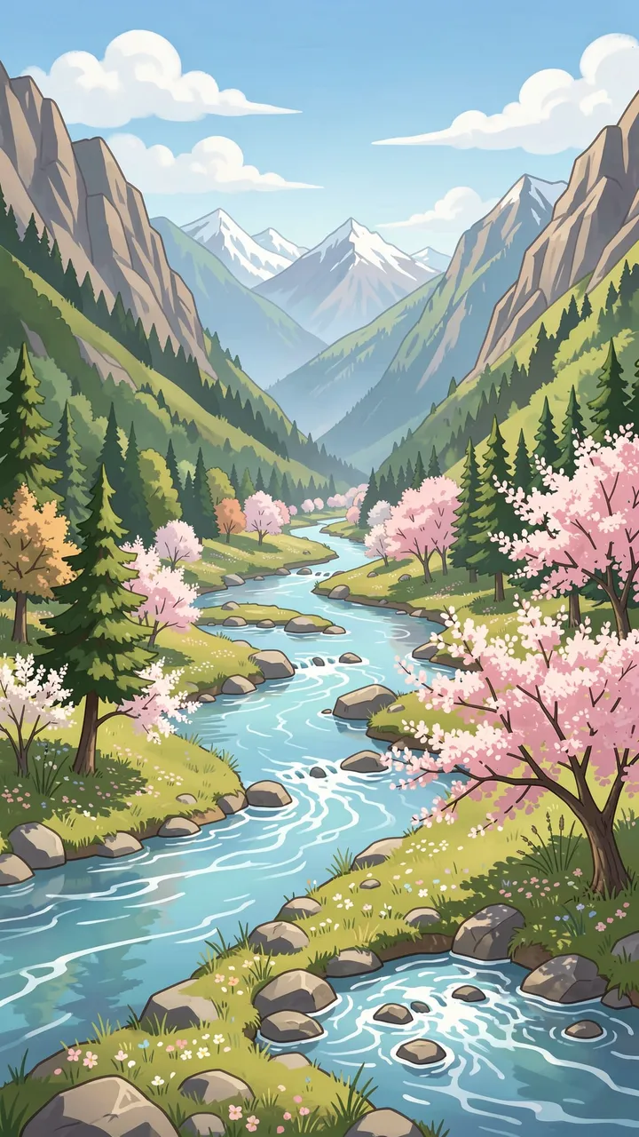 Stylized vertical illustration of a spring mountain valley with a winding river, blooming cherry trees and distant