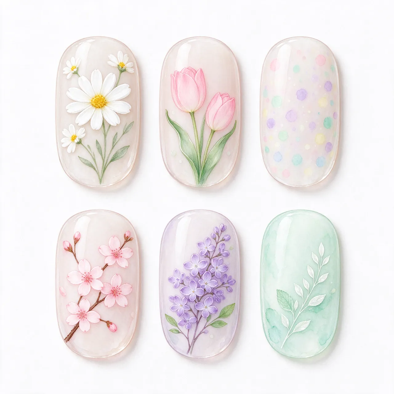 Watercolor illustration of six oval spring nail tips arranged in two neat rows on a plain white background