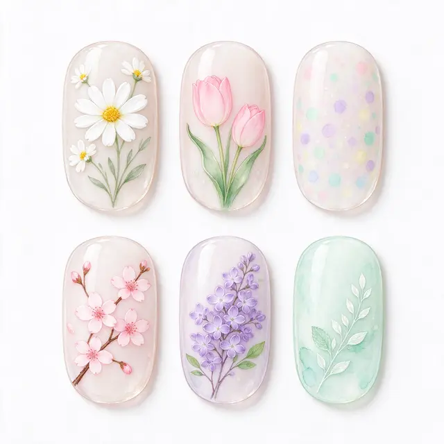 Watercolor illustration of six oval spring nail tips arranged in two neat rows on a plain white background
