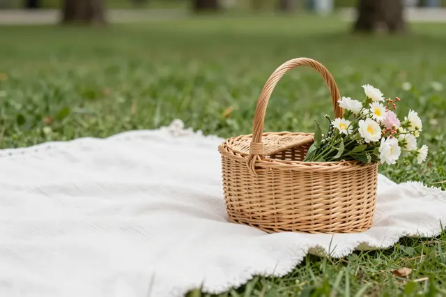 Wicker picnic basket with flowers rests on a fringed white blanket over green park grass