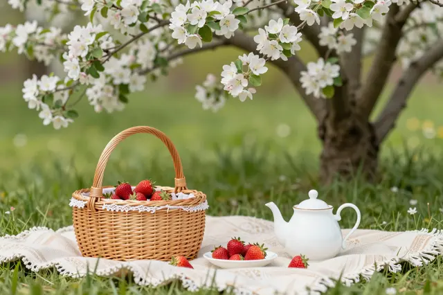 Picnic setup with wicker basket, strawberries and teapot arranged on a blanket under a flowering apple tree