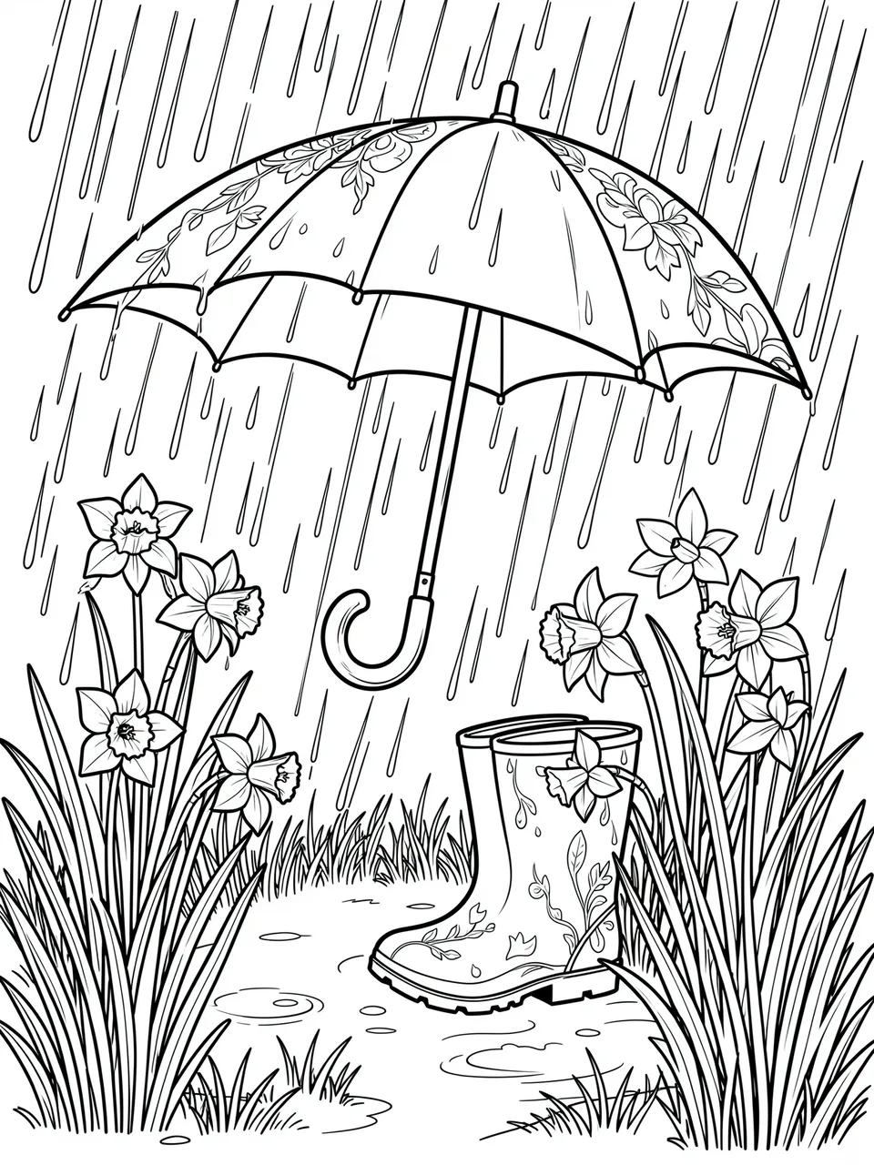 Black and white line art of an umbrella, rain boots, daffodils and falling rain on a white background
