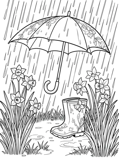 Black and white line art of an umbrella, rain boots, daffodils and falling rain on a white background