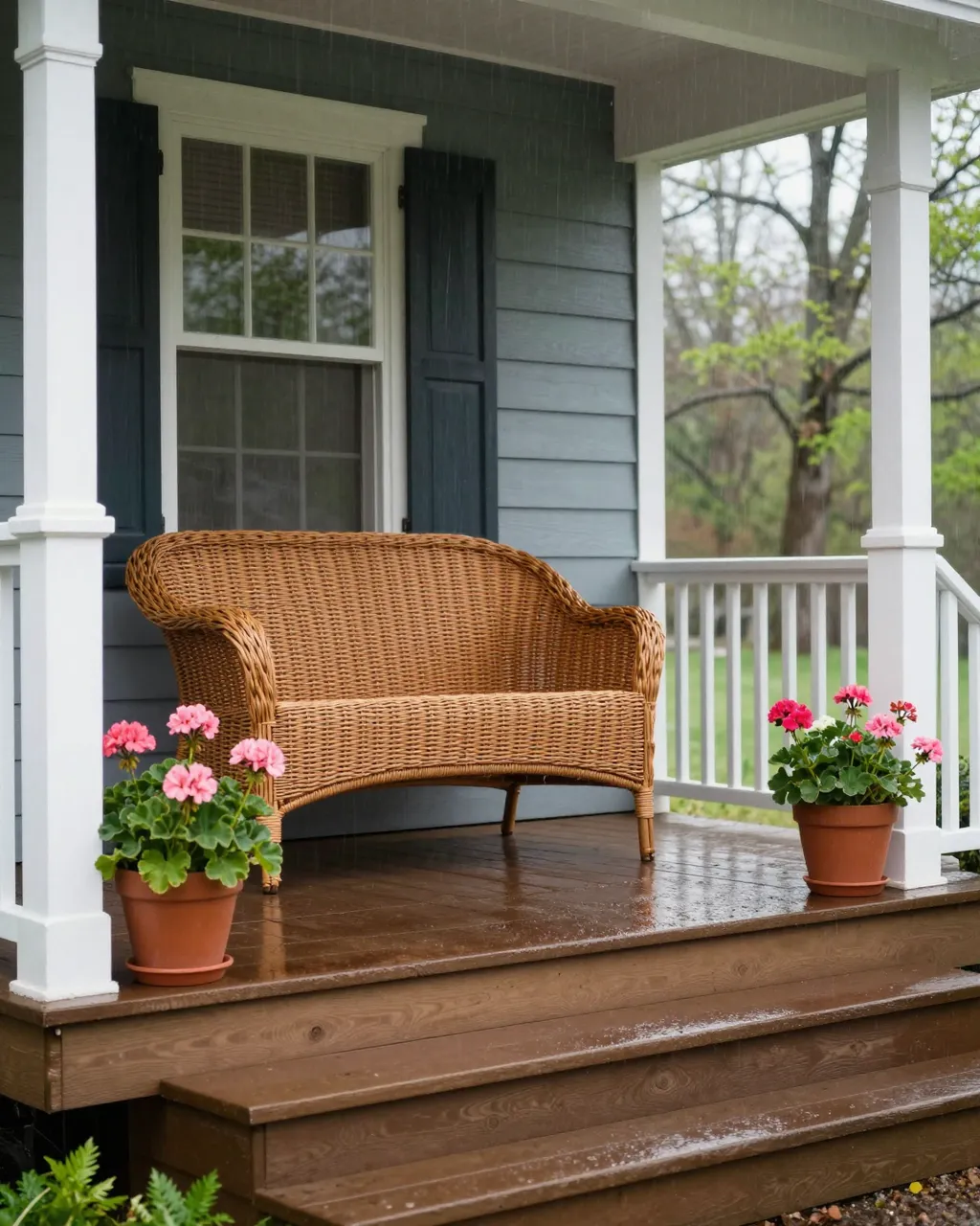 A wicker settee sits on a wet farmhouse porch flanked by potted pink geraniums during gentle spring rain.