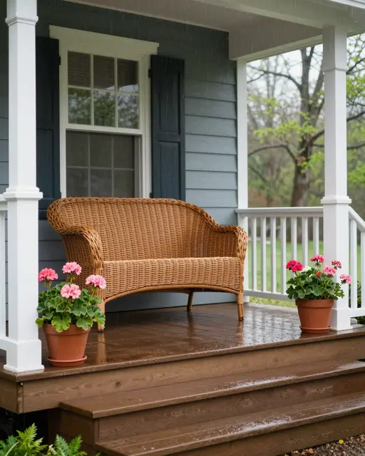 A wicker settee sits on a wet farmhouse porch flanked by potted pink geraniums during gentle spring rain.