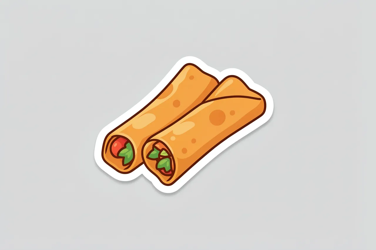 Cute flat illustration die cut sticker of two crispy spring rolls on a plain light gray background