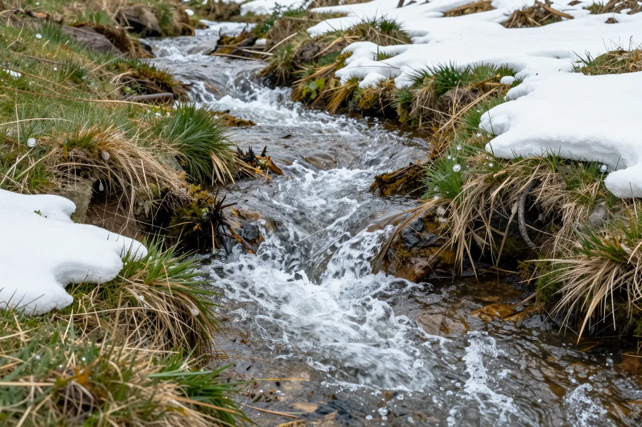 Rushing meltwater stream flows through a partially snow-dusted meadow edge as winter recedes into spring.