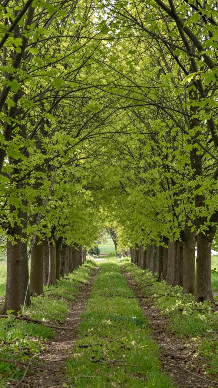 A grassy dirt path runs through a tunnel of fresh green spring trees with light visible at the far end
