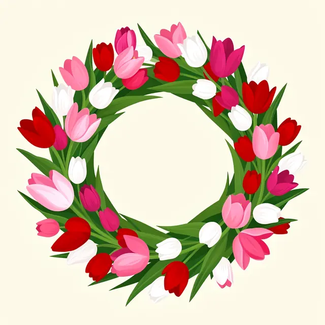 A circular flat vector wreath of pink, red, and white tulips with green leaves on a soft cream background.