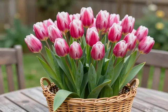 Pink and white tulips grow in a wicker basket resting on a wooden garden table