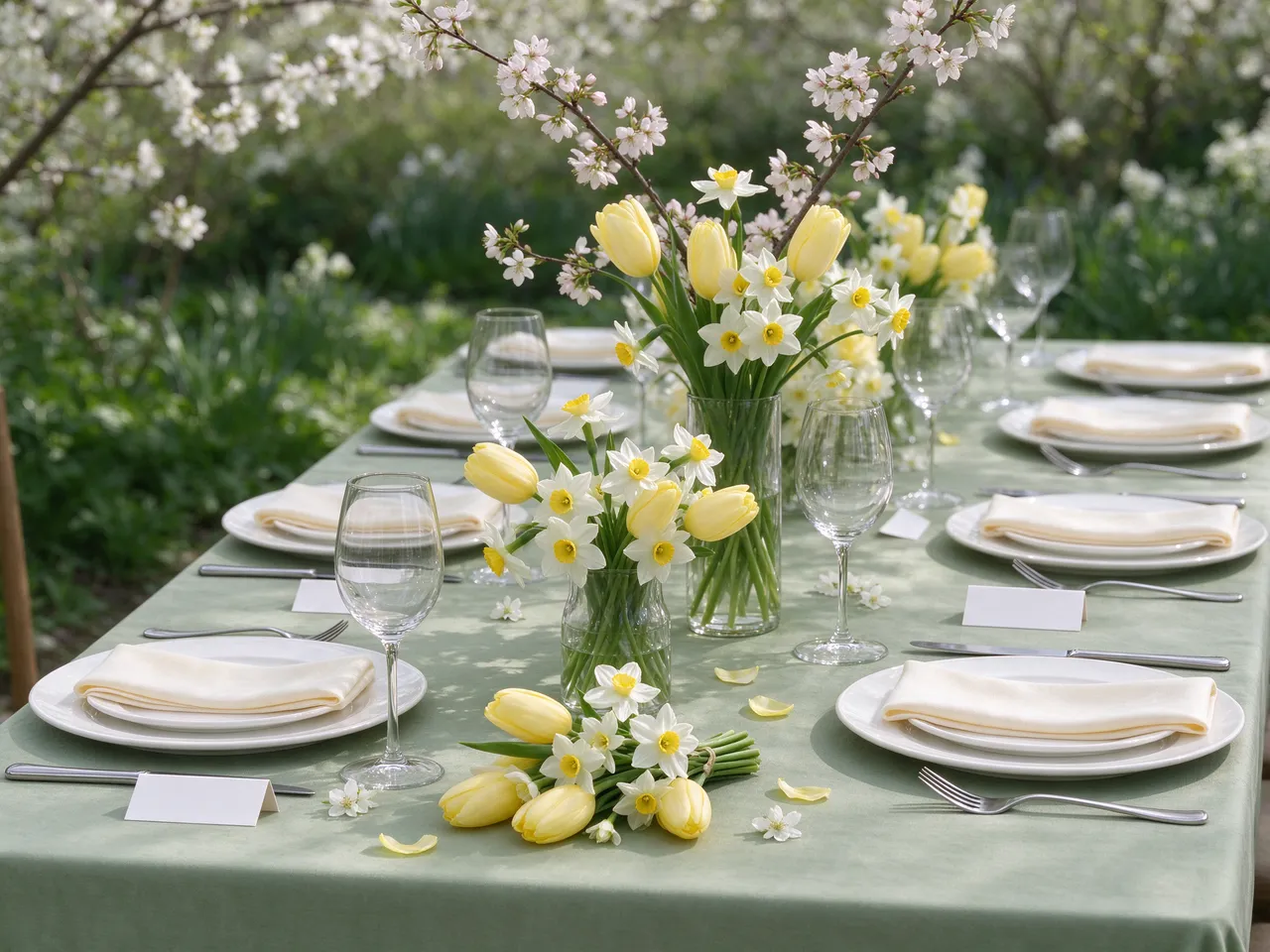 An elegant outdoor spring wedding table arranged with floral centerpieces on a sage green tablecloth