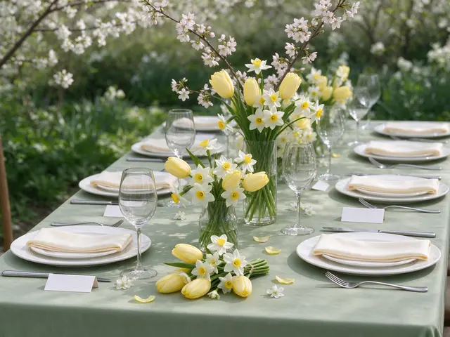 An elegant outdoor spring wedding table arranged with floral centerpieces on a sage green tablecloth